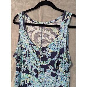 Lilly Pulitzer Maxi Dress Womens L Blue Green Paisley Pima Cotton Henley Tank